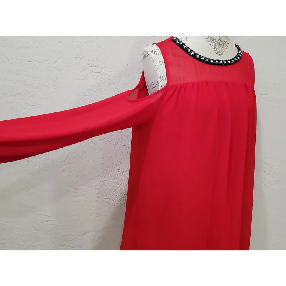 Michael Kors Red Long Sleeve Cold Shoulder Beaded Crew Neck Blouse Shirt Top